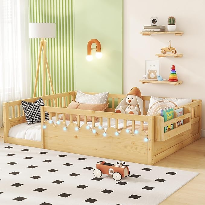 Montessori Floor Bed Full for Kids, Full Size Floor Bed with High Rails & Storage Shelf, Wood Baby Floor Beds with LED Light for Boys & Girls, Natural