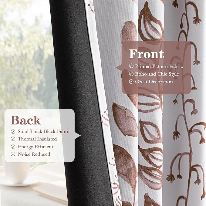 MEETSKY 95% Blackout Curtains for Bedroom, Thermal Insulated Privacy Protection Back Tab Curtains 72 Inches Length for Living Room, Brown Leaf Pattern, 2 Panels, 50" Wide Each