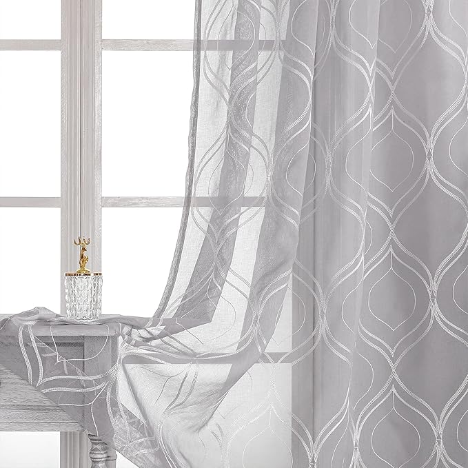 VISIONTEX Sheer Curtains 95 Inches Long 2 Panels Set Light Grey Moroccan Embroidered Curtains Trellis French Textured Rod Pocket Voile Tulle Semi Window Drapes for Bedroom Living Room 54 x 95 Inches