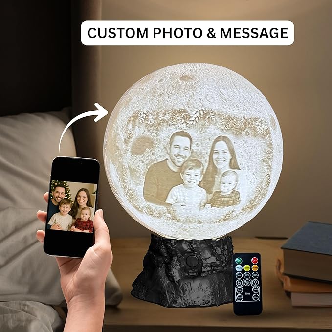 Personalized Christmas Moon Lamp with Custom Photo & Text – Moon Light for Holidays, Christmas Decor, Stocking Stuffers & Family Keepsakes | Christmas Gift for Family, Couples, Kids & Friends