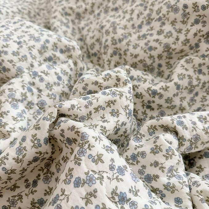BuLuTu Blue Floral Toddler Kids Duvet Cover for Girls Boys 100% Cotton Muslin Quilt Cover for Toddler Bed Vintage Flower Design Duvet Cover with Ruffles, 47"x59", Pillow Case Not Included
