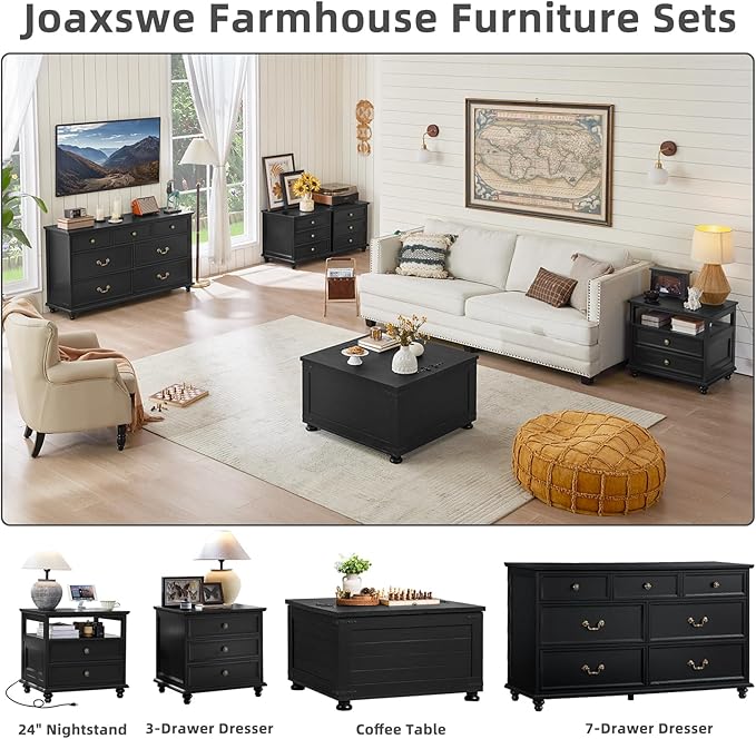 Farmhouse Dresser and Nightstand Sets, Wood 54" Wide Dresser & 24" Night Stand with Charging Station, 2 Piece Bedroom Furniture Set, Chest of Drawers for Bedroom, Home, Living Room, Hallway