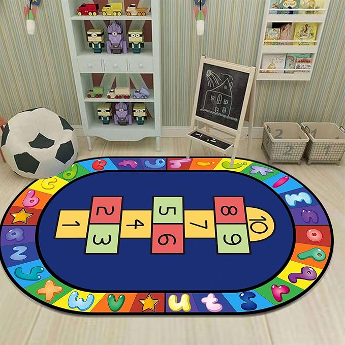 Hopscotch Rug, 6x8ft, Kids Play Oval Rug for Boys & Girls, Colorful Alphabets Educational Game Carpet, Soft Non-Slip Machine Washable Rug for Classroom Toddler Room