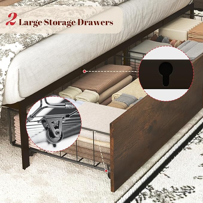 Queen Bed Frame with Large Headboard Storage, Bed Frames with 2 Under Bed Drawers, Built-in LED Lights Charging Station, Easy Assembly, Brown