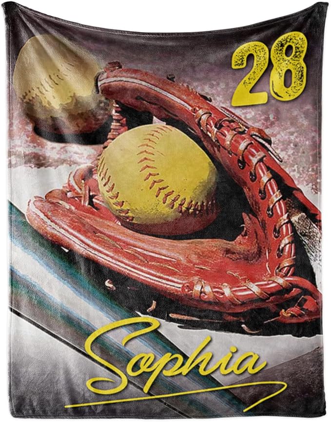 Baby Kids Personalized Baseball Blanket - Custom Name and Number - Soft Warm and Fluffy Flannel Fabric Gift for Sports lovers40x50inch