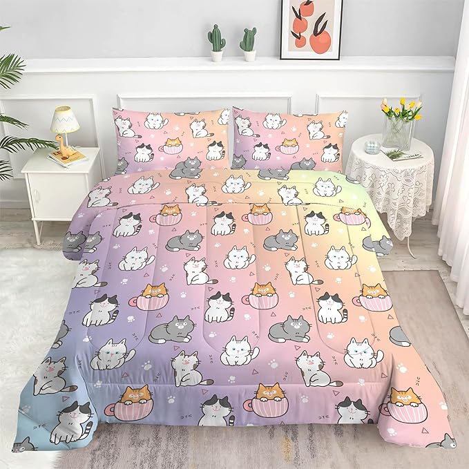 Cat Comforter Set Queen: Colorful Cartoon Cats Bedding Set Cute Kitten Rainbow Feline Quilt 3 Piece for Women Girls Teens Adults 1 Comforter & 2 Pillowcases