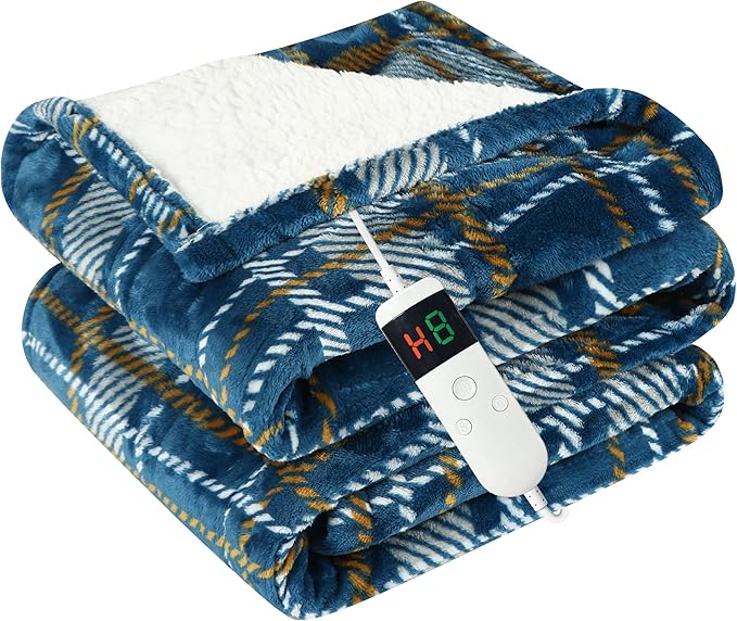 Electric Blanket Heated Throw, Soft Flannel 50"x60" Plaid Heating Blanket with 8 Hours Auto Off 10 Fast Heating Levels Machine Washable Sherpa Heated Blanket with Overheating Protection