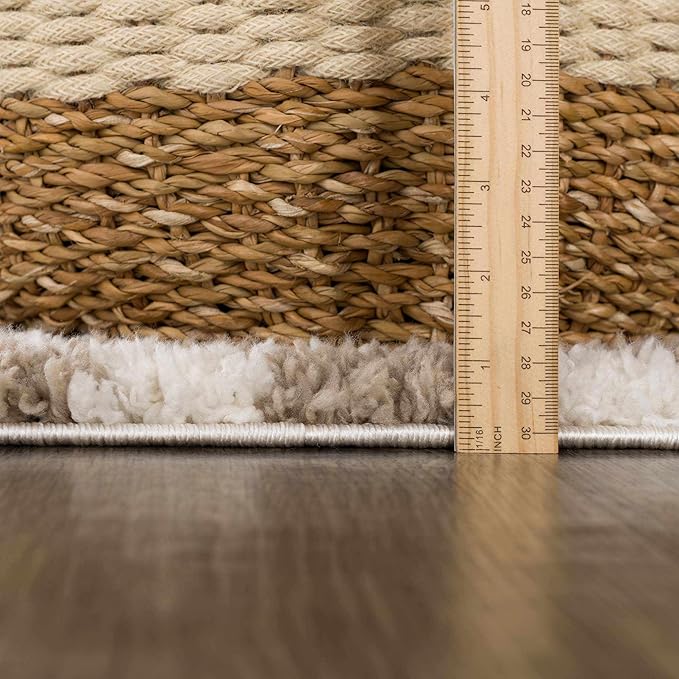 Hauteloom Kieu Contemporary Checkered Fluffy Shag Area Rug - Modern Geometric Soft Carpet Tiles for Living Room, Kids Room, Nursery - Gray, Taupe, White - 7'10" x 10'