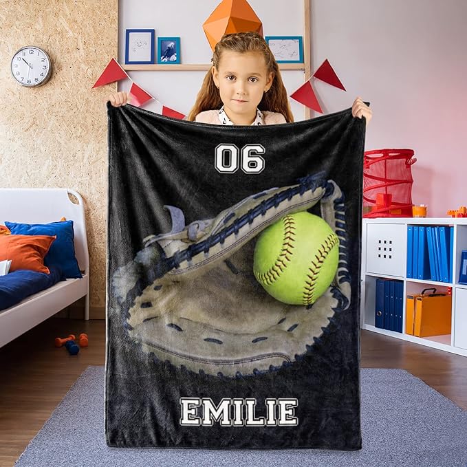 Personalized Baseball Blanket for Baby Kids - Custom Name and Number - Soft Warm and Fluffy Flannel Fabric Gift for Sports Lovers 50x60inch