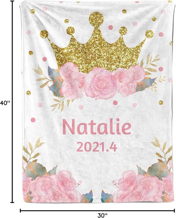Ship Next Day, Personalized Baby Blanket For Girls, Custom Baby Receiving Blanket With Name, Newborn Swaddle Toddlers Blankets, Customized Crown Flower Kids Blankets For Babies Shower Birthday Gifts