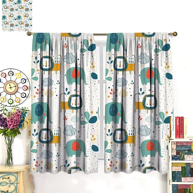 Cute Lions Blackout Curtains for Kids Bedroom,Cartoon Tropical Plants Birds Elephants Print Pattern Window Drapes,Funny Animal Thermal Insulation Curtain for Nursery Baby Room 52x84in
