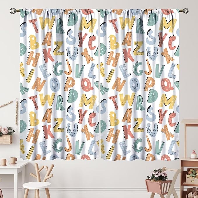 Kids Alphabet Letter Curtains Cute Funny Education Printed Curtain with Rod Pocket for Bedroom Living Room Home Decor Drapes Window Treatments 2 Panels Set 63" W X 72" L