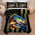 Bass Fish Comforter Set King Size American Flag Bedding Set for Men Boys Teens Green Fishing Lover Bedroom Camouflage Farmhouse Bed Set Wild Quilted, 1 Comforter 2 Pillowcases