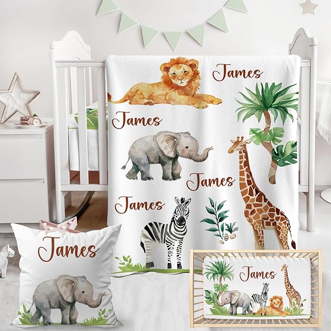 Personalized Baby Crib Bedding Set,3 Piece Custom Name Nursery Set with Blanket, Fitted Sheet & Pillowcase for Baby Girls & Boys, Safari Animals Theme(Fixed Size)