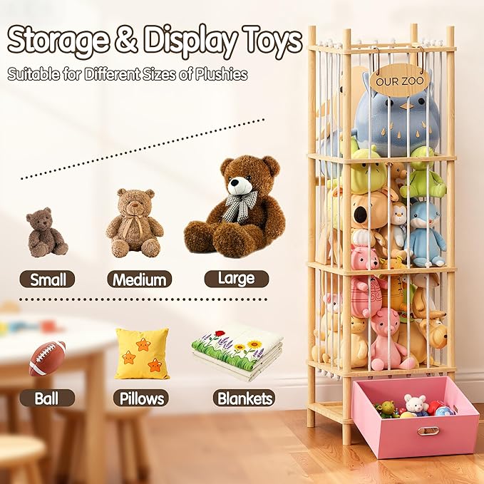 Brelley Stuffed Animal Storage Wood Toy Storage Organizer with Drawer, Large Toy Chest Stuffed animal holder for Kids Nursery Playroom Bedroom