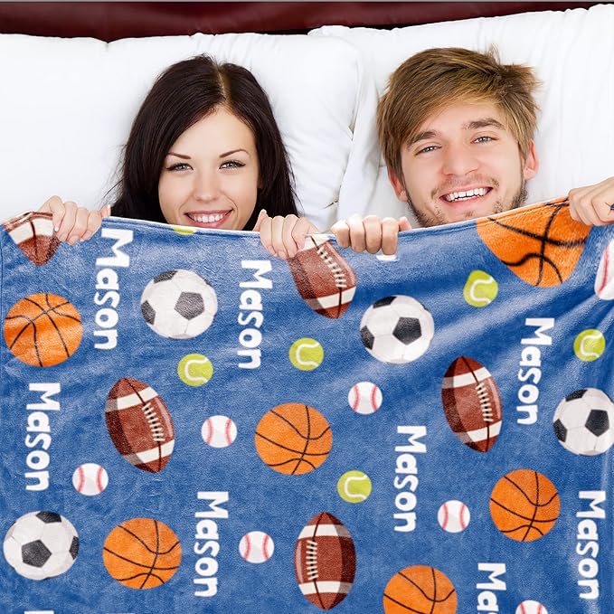 Personalized Ball Blanket with NameforBoysCustom Name BlanketforKids BallSoft Flannel Ball Toddler Blanket CustomizedGiftforBirthday Christmas Baby Shower Newborn Gift 60in X 80in 6-balls-blue