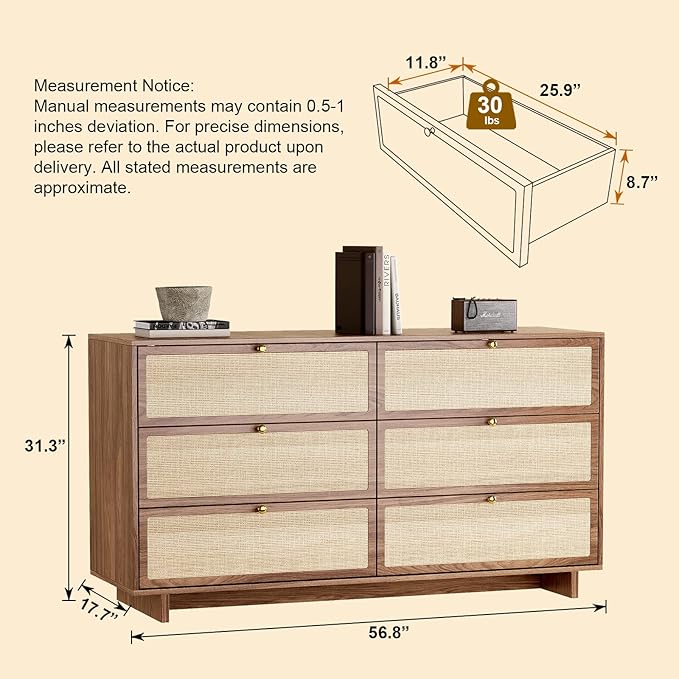 6 Drawer Dresser for Bedroom, 57in Wide Rattan Dresser, Boho Chest of Drawers, Wooden Chest with Clothes Storage Cabinet, Drawer Organizer for Bedroom, Living Room, Hallway, Walnut