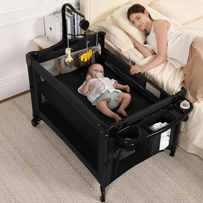 Pack and Play, 5 in 1 Baby Playard – Portable Crib, Bassinet, Bedside Sleeper, Changing Table & Playpen | Breathable Mesh | Safe & Foldable for Newborns to Toddlers (Black)