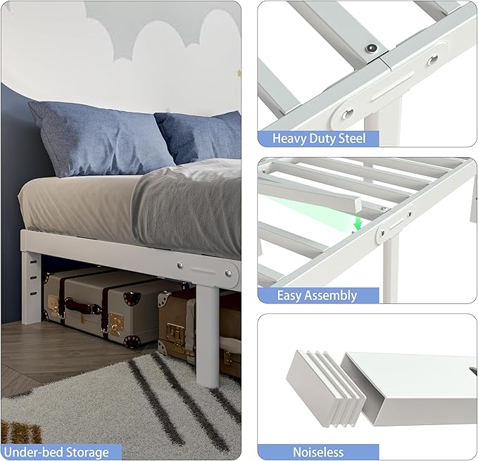 White Full Size Bed Frame 12 Inch, Metal Full Bed Frame No Box Spring Needed, Heavy Duty Steel Support 3500 LBS, DIY Headboard, Noiseless, Round Corner Legs, Storage Space, Easy Assembly