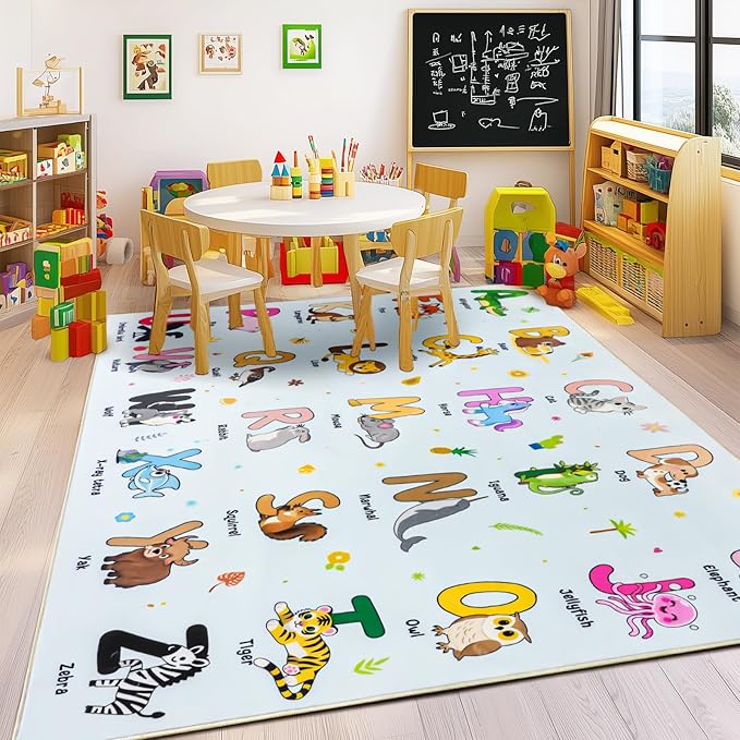 Kids Rugs for Playroom, 4x5 Feet Educational Rug for Learn The ABC Alphabet, Soft Machine Washable Non-Slip Cute Cartoon Animals Carpet for Classroom Toddler Nursery Kids Room Decor, Blue