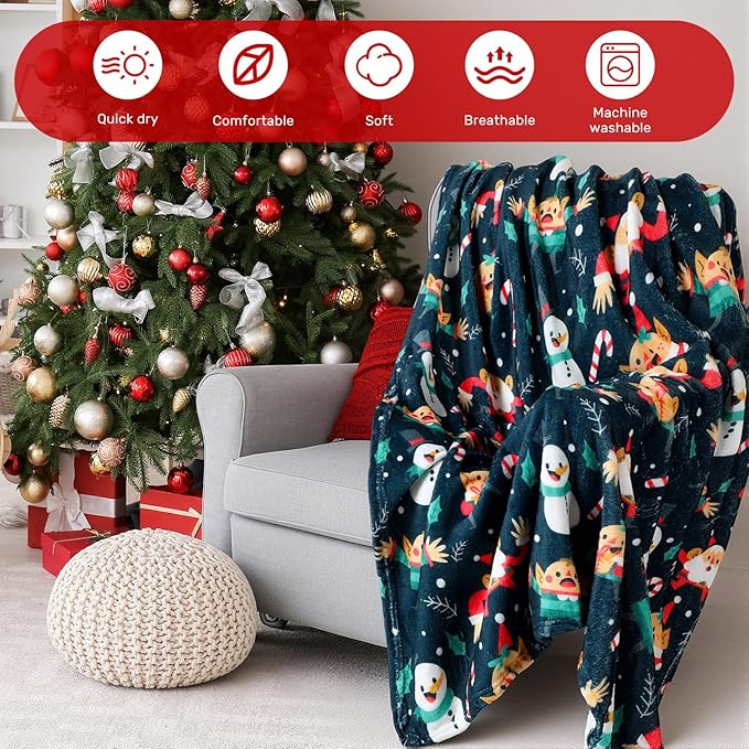 Buryeah 4 Pack Christmas Throw Blankets Bulk Snowman, Igloo, Santa Claus, Bells, Xmas Tree Soft Cozy Christmas Plush Flannel Blanket for Sofa, Bed, Couch, Home Decor Xmas Supplies, 40 x 50 Inches