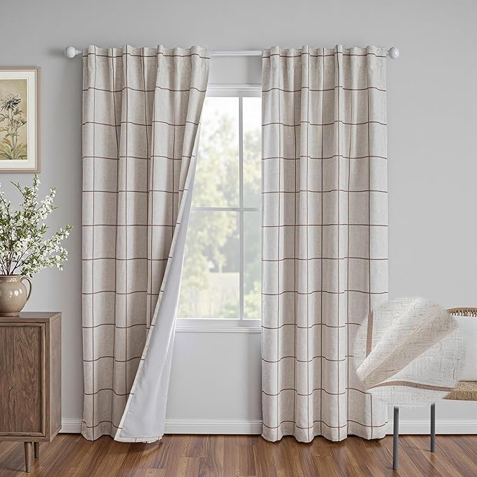 MYSKY HOME 100% Blackout Brown Plaid Linen Curtains 90 Inches Long Double Layer Farmhouse Thermal Insulated Checkered Patterned Drapes Rod Pocket Back Tab for Living Room Dining Room, 2 Pcs, W52