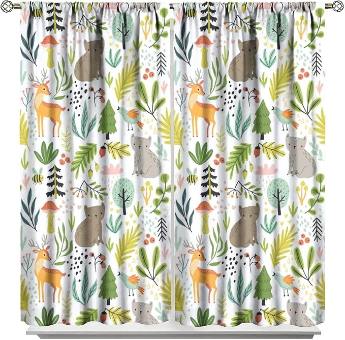 Cartoon Forest Kids Blackout Curtains,Cute Woodland Wild Animals Colorful Deer Plants Trees Print Pattern Thermal Insulation Window Drapes for Nursery Boys Girls Bedroom,White Background 84x84in