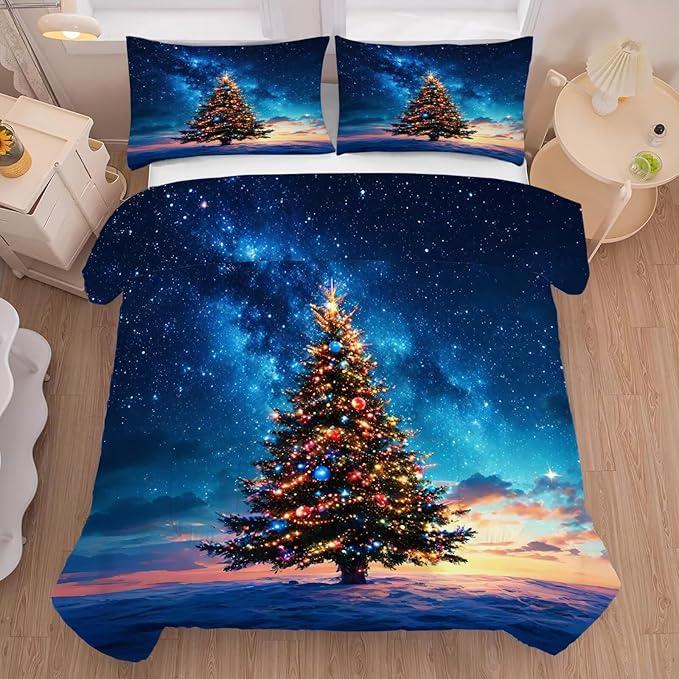 Christmas Tree Comforter Set Twin Size Galaxy Bedding for Kids Girls Teen Women Blue Xmas Holiday Space Bedroom Quilt Bed Sets, 1 Comforter 1 Pillowcase