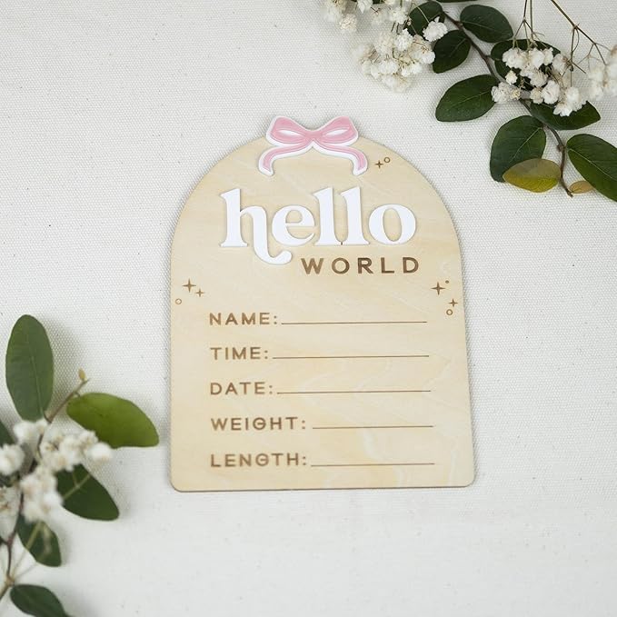 Baby Announcement Sign with Stand & Marker – Hello World Wooden Name Plaque for Newborn Photoshoot, Baby Shower, Rustic Keepsake Birth Stat Sign for Hospital Birth Announcement (Acrylic Ribbon)