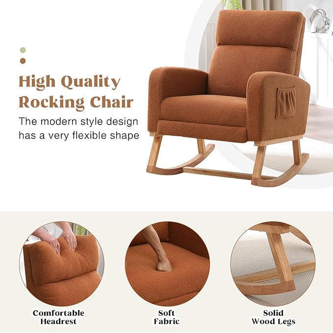 Rocking Chair Nursery with Foot Rest, Nursing Rocking Chairs for Mom Nursery, Teddy Rocker Glider with High Backrest for Living Room, Bedroom, Brown
