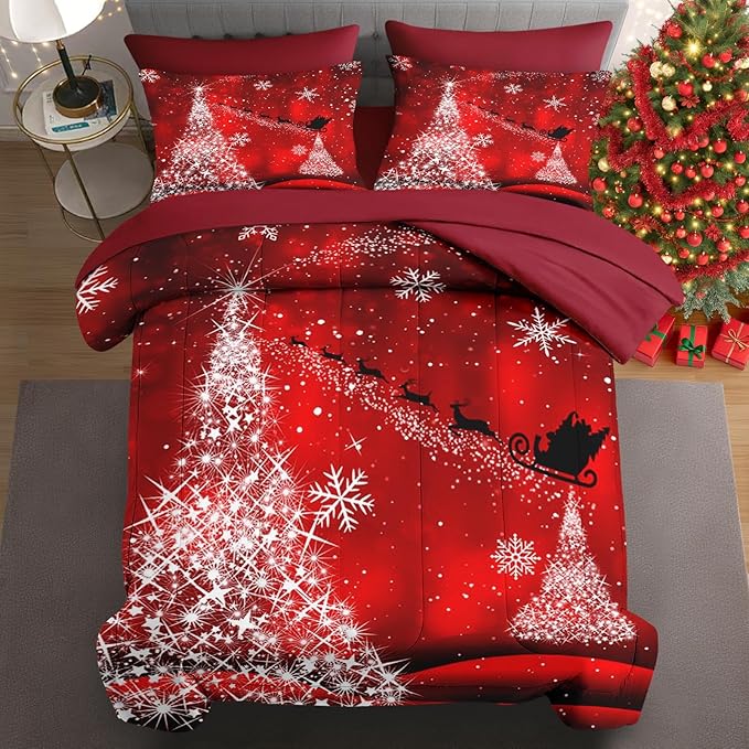 7 Pcs Queen Size Christmas Comforter Set with 2 Pillowcases & 2 Shams, Glitter Pine Tree Bedding for Kids and Adults, Winter Elegant Snowflake Bed in a Bag with Flat Fitted Sheet