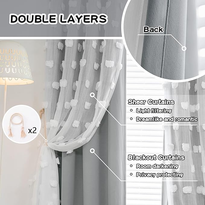 MYSKY HOME Grey Curtains for Bedroom 63 Inch Long Curtains for Kids Room Double Layer Nursery Curtains White Pom Pom Sheer Dining Room Grommet Room Darkening Window Curtains 2 Panels Set, 52 x 63 in