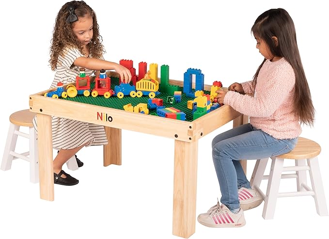 NILO Kids Play Table Set with 2 Compatible Lego Duplo Detachable Two-Sided Baseplates/Boards/Mats (N34 Activity Table w/Holes, 24x32x20 and 2X Green Base Plates 12x32)