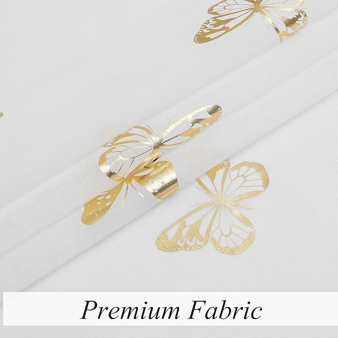Jubilantex Butterfly White Sheer Curtain Panels for Kids Nursery Girl, Gold Print Toddler Linen Textured Voile Rustic Rod Pocket Drapes 63 Inch for Farmhouse, Living Room, Bedroom, 2 Panels
