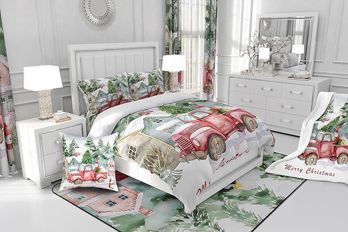 Red Old Truck Comforter Set Twin Size,Christmas Tree Gnome Bedding Set for Kids Boys Girls Room Decor,Snowman Winter Rustic Style Quilt Set 2Pcs,Merry Christmas Retro Duvet Insert,1 Pillowcase