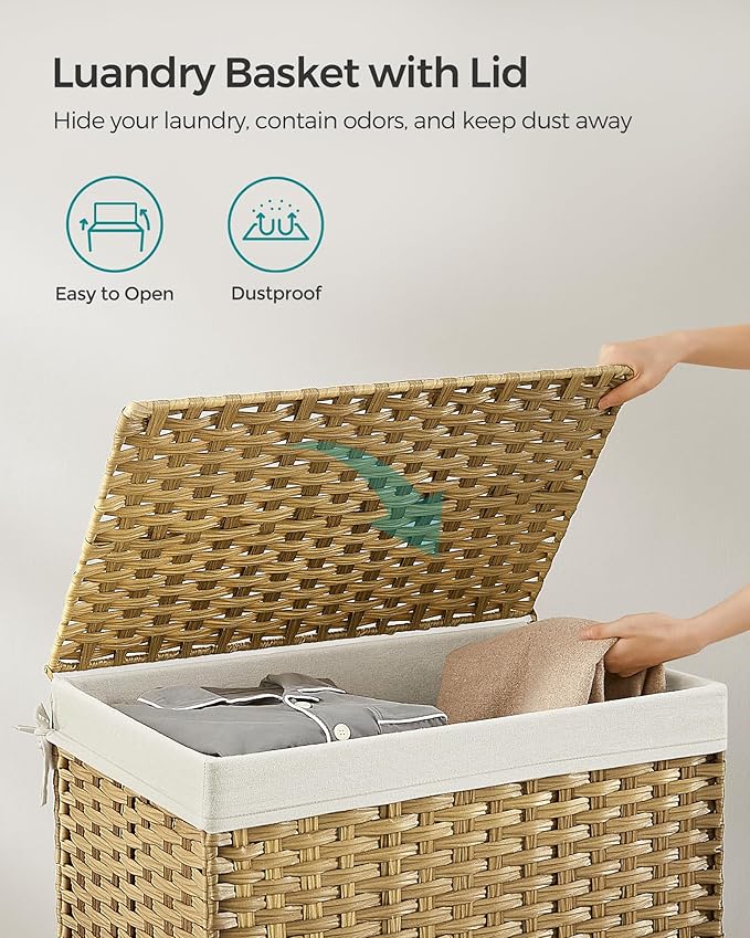 SONGMICS Storage Basket with Lid, 27.7 Gallon (105L) Storage Bin, Woven Blanket Storage Basket with Handles, Foldable, Removable Liner, Metal Frame, for Bedroom, Laundry Room, Natural URST066N01