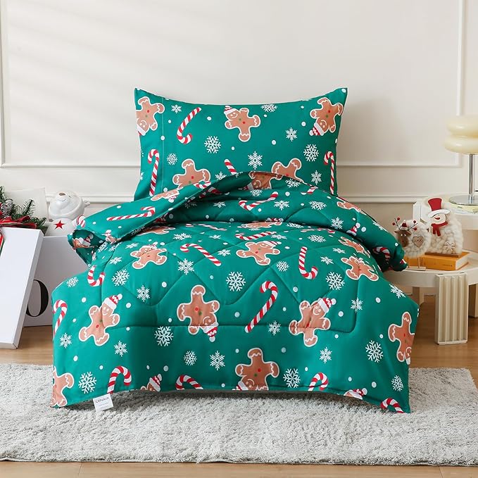 LONAVA Toddler Kids Comforter Set - 4 Pieces Toddler Bedding Sets for Boys Girls Children, Ultra Soft Microfiber Bed in A Bag with Flat Fitted Sheets, Gingerbread Man