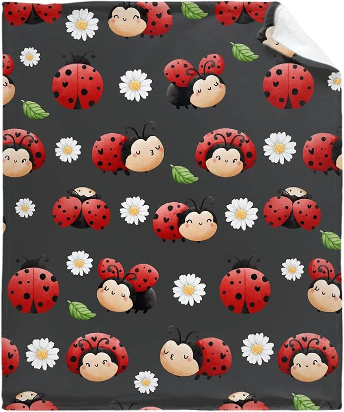 Thuswarm Cute Watercolor Ladybugs Grey Flannel Throw Blanket Warm Cozy Soft Funny Print Blankets for Bed Couch Sofa Room Decoration Gifts 80”×60” Large for Adult