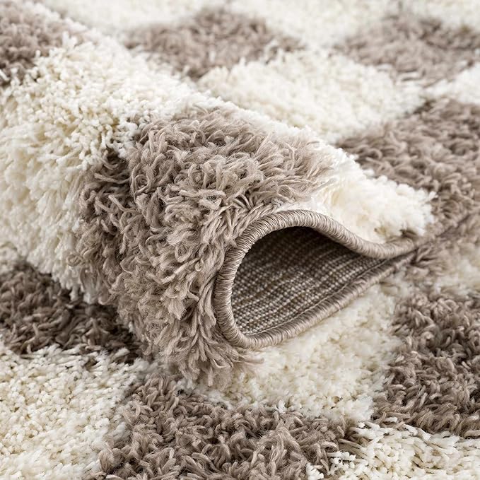 Hauteloom Atira Contemporary Checkered Fluffy Shag Area Rug - Modern Geometric Carpet Tiles for Living Room, Kids Room, Nursery - Plush Pile - Brown, Cream, White - 7'10" x 10'3"