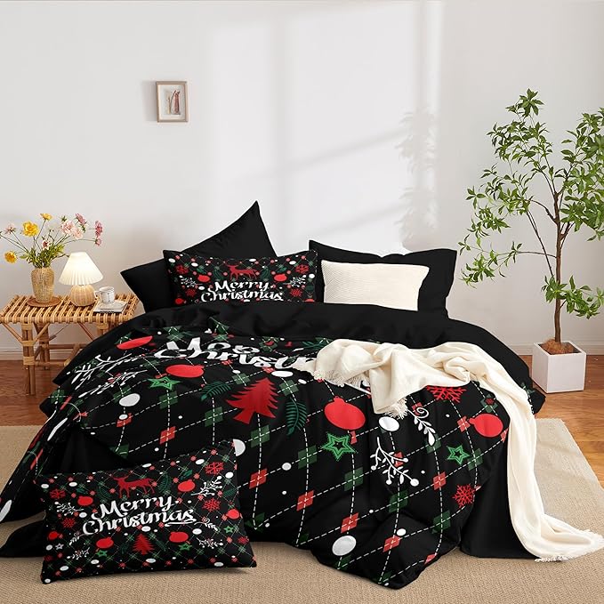 Christmas Duvet Cover Queen Size Black Christmas Tree Bedding Set 3 Pcs Kids Boys Girls Happy Holiday Xmas Comforter Cover with Zipper Closure