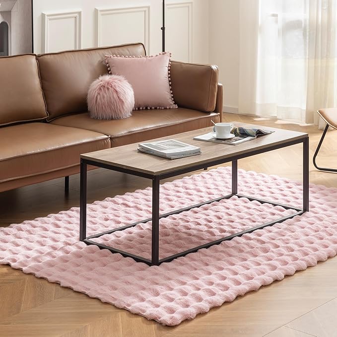 Ashler Faux Rabbit Fur Rug - Pink 6x9 FT Fluffy Soft Area Carpet, Rectangle Fuzzy for Living Room, Bedroom, Machine Washable Shaggy Nursery - 3D Bubble