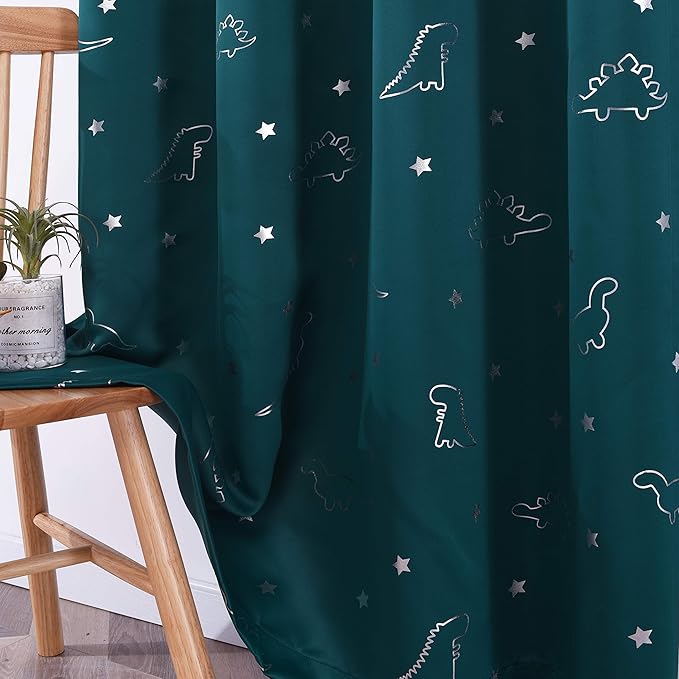 LORDTEX Dinosaur and Star Foil Print Blackout Curtains for Kids Room - Thermal Insulated Curtains Noise Reducing Window Drapes for Boys and Girls Bedroom, 42 x 84 Inch, Sapphire, Set of 2 Panels