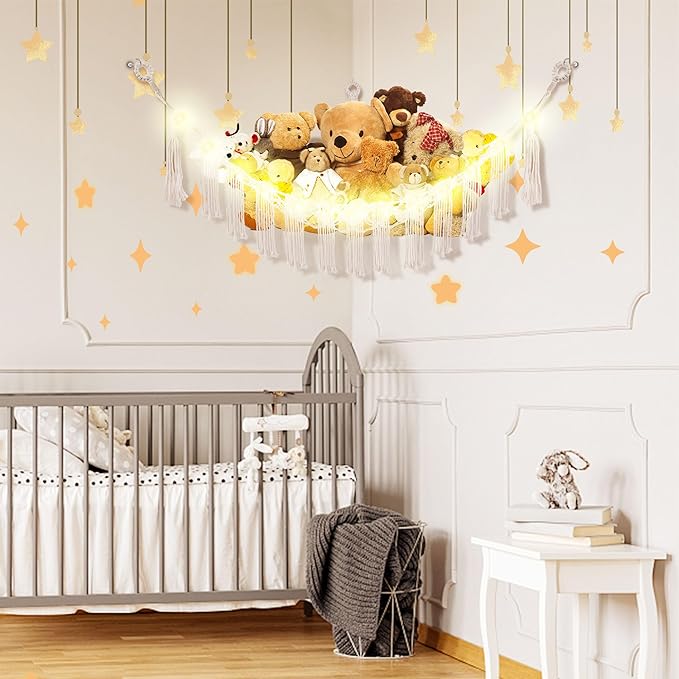 Stuffed Animal Hammock with LED Light, Large Stuffed Animals Storage Corner Plushie Net for Kids Room Decor, 2 Packs White