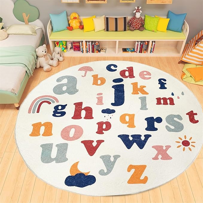 ABC Round Rug,3ft,Children's Educational Learning Area Rug, Colorful Alphabet Kindergarten Area Rug, Soft Fluffy Faux Cashmere Baby Crawling Mat for Living Room, Bedroom, Children's Room