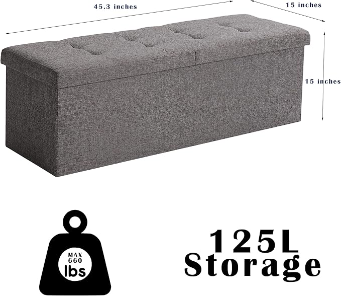 Cuyoca 45.3 Inches Foldable Seat Footrest Shoe Bench End of Bed Storage with Flipping Lid, 166L Upholstered Tufted Bench, Linen Fabric Grey
