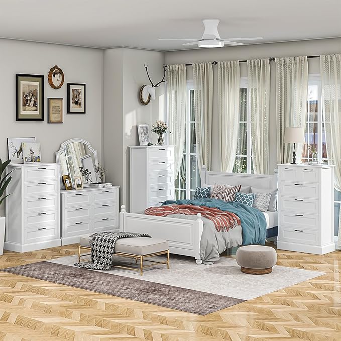 Tall White 6 Drawer Dresser, Wood Vertical Chest of Drawers for Bedroom, 55" H Modern Lingerie Dressers for Closet, Living Room, Hallway and Home Office
