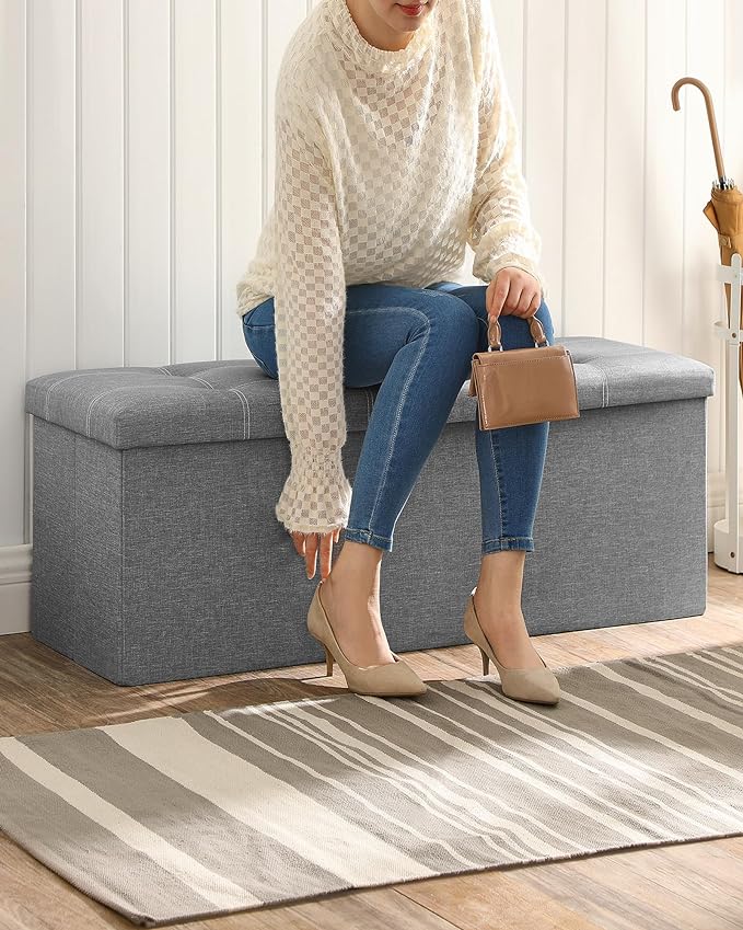 SONGMICS MAZIE Collection - 43 Inches Ottoman Storage Bench, 35 Gal. Folding Chest with Breathable Linen-Look Fabric, Load up to 660 lb, for Entryway, Living Room, Bedroom, Light Gray ULSF077G05