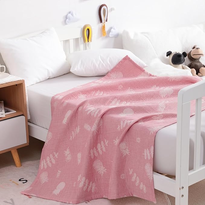 NTBAY 3 Layer Toddler Blanket, Muslin Cotton Jacquard Bed Blankets, Lightweight Thermal Baby Blanket, Super Soft and Warm Crib Blanket for All Seasons, Decoration Gift, 30"x40", Pink Pineapple
