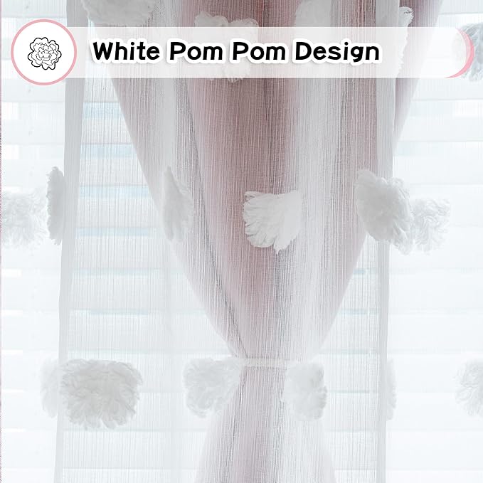 MYSKY HOME Double Layer Curtains for Girls Bedroom Kids Curtain White Pom Pom Sheer Window Curtains 2 Panels Pink Curtains Grommet Room Darkening Solid Nursery Curtains 63 Inches Length, W52 X L63