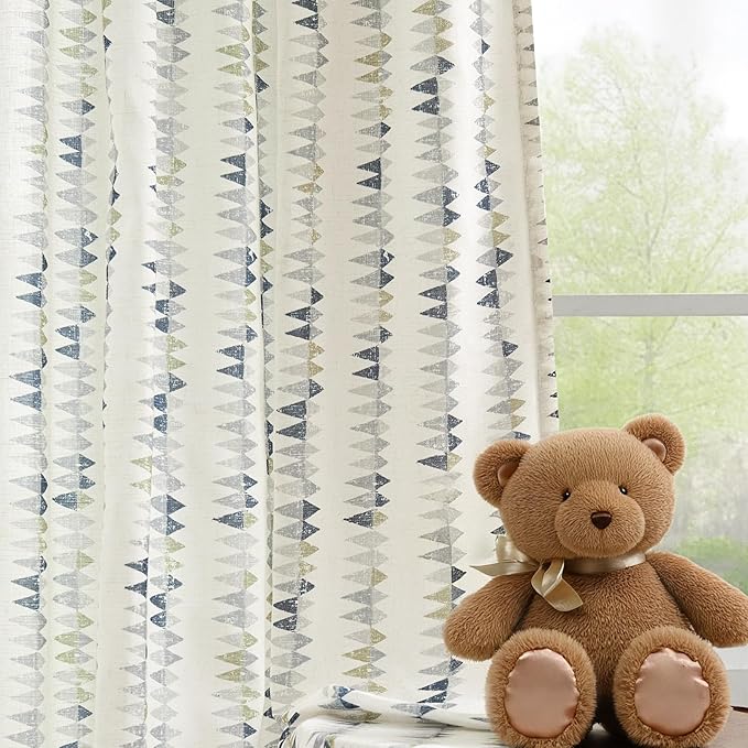 jinchan Linen Nursery Curtains for Living Room Boho Curtains for Bedroom Kids Room 84 Inches Long Geometric Printed Farmhouse Drapes Rod Pocket Window Treatment Curtain Set of 2 Panels Indigo-Gray